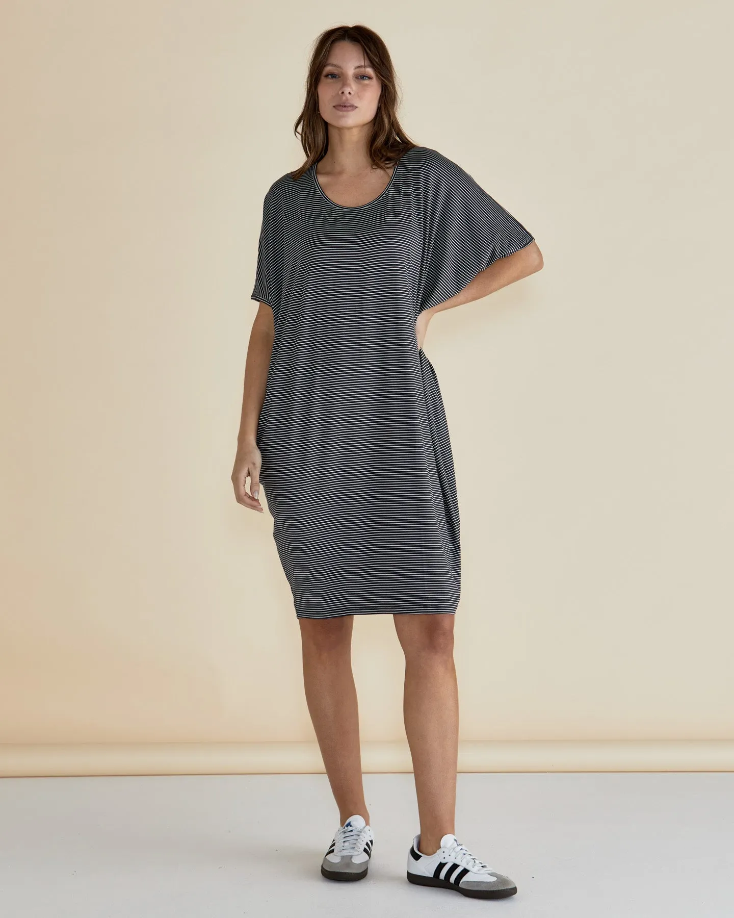 Betty Basics Maui Dress Charcoal Stripe