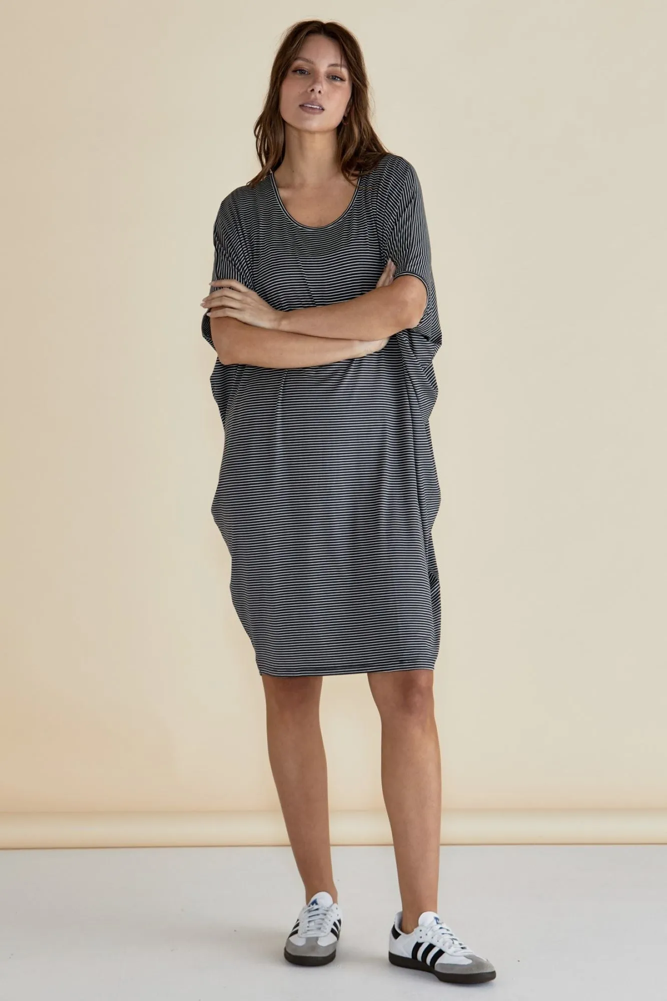 Betty Basics Maui Dress Charcoal Stripe