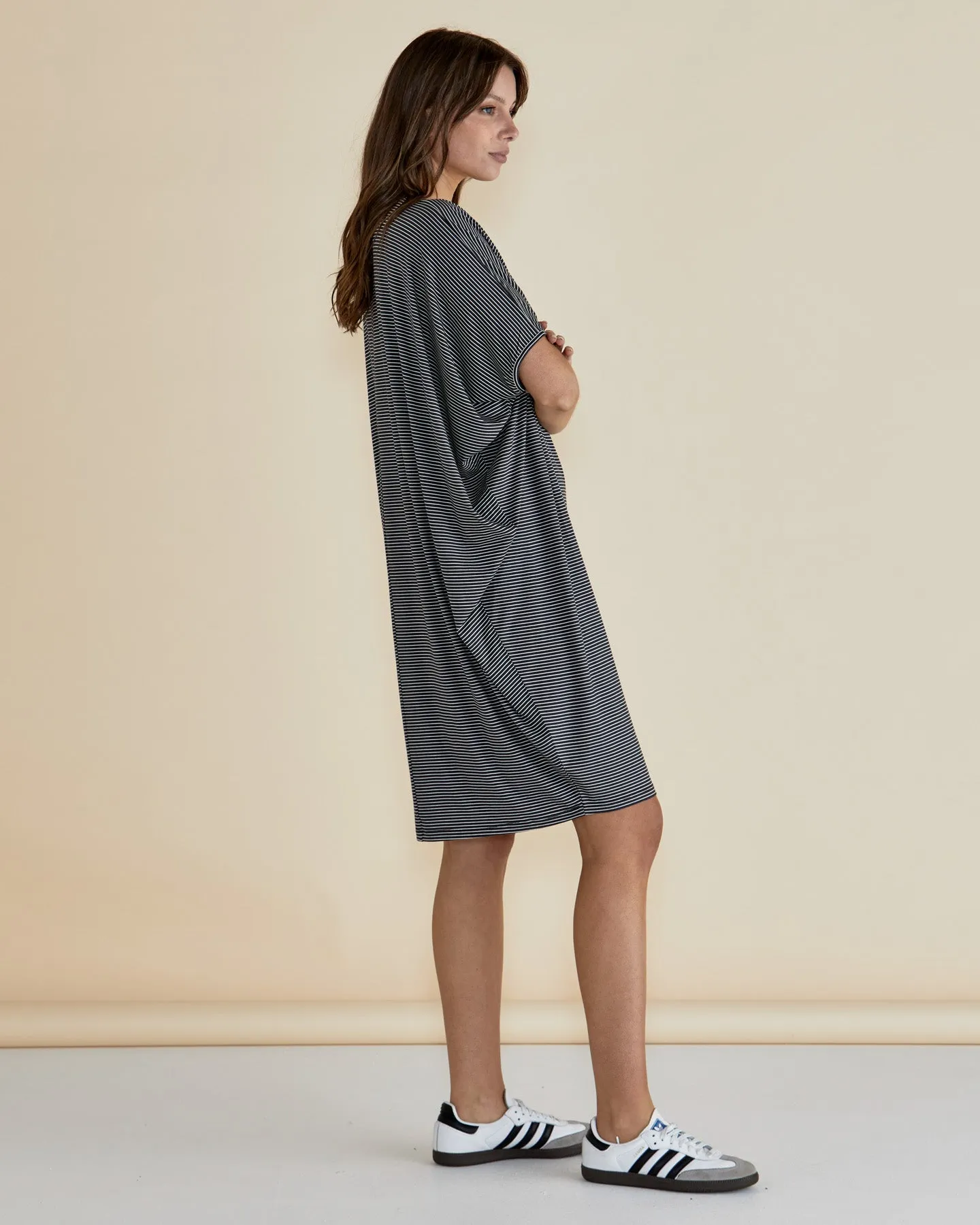 Betty Basics Maui Dress Charcoal Stripe