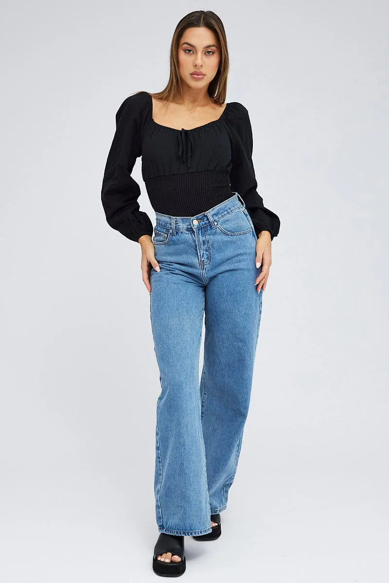 Black Bodysuit Long Sleeve Sweetheart Neck