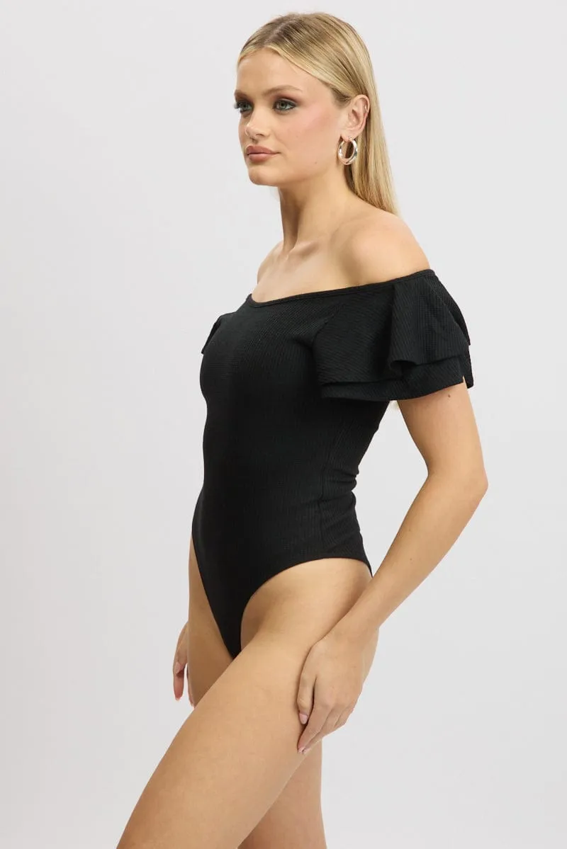 Black Bodysuit Ruffle Sleeve Textured
