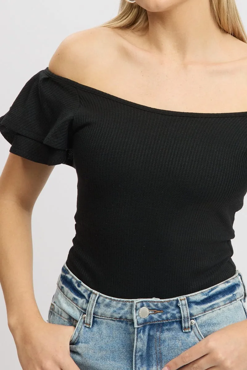 Black Bodysuit Ruffle Sleeve Textured