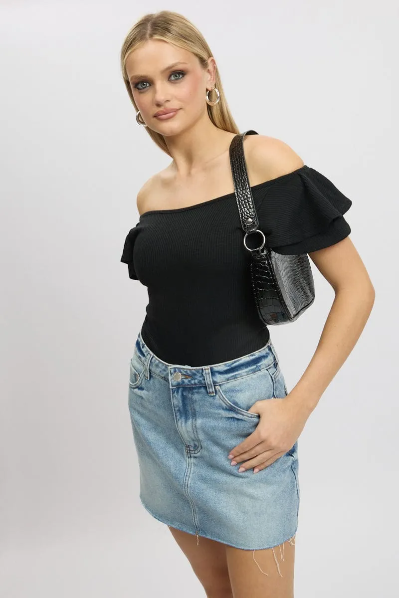 Black Bodysuit Ruffle Sleeve Textured