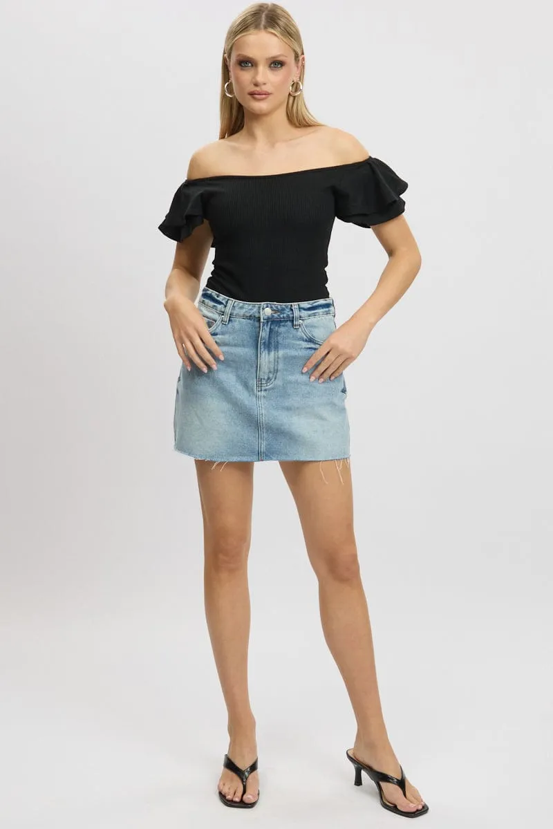 Black Bodysuit Ruffle Sleeve Textured
