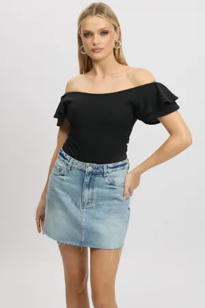 Black Bodysuit Ruffle Sleeve Textured