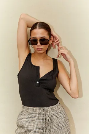 Black Button Front Rib Bodysuit