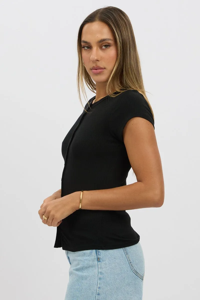 Black Button Front Top Short Sleeve