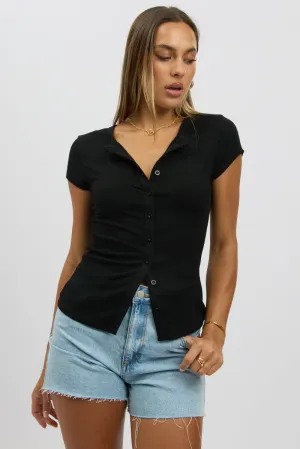 Black Button Front Top Short Sleeve