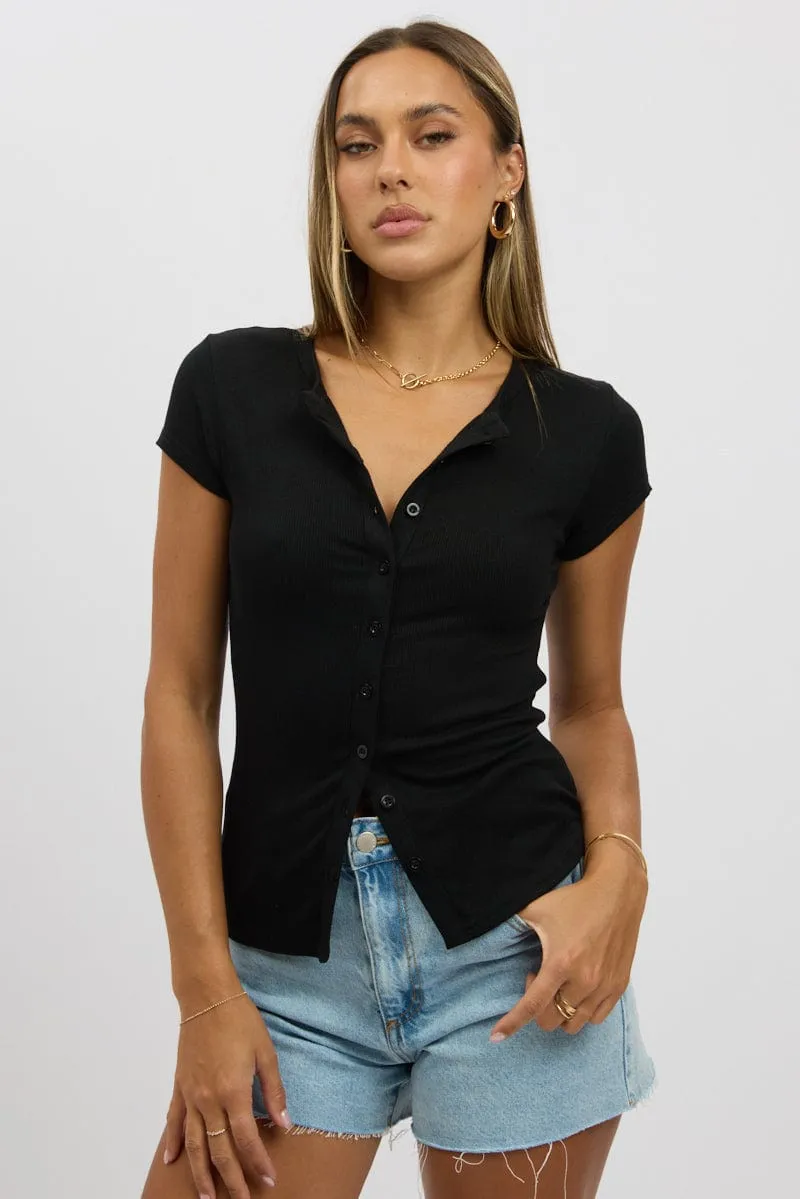 Black Button Front Top Short Sleeve