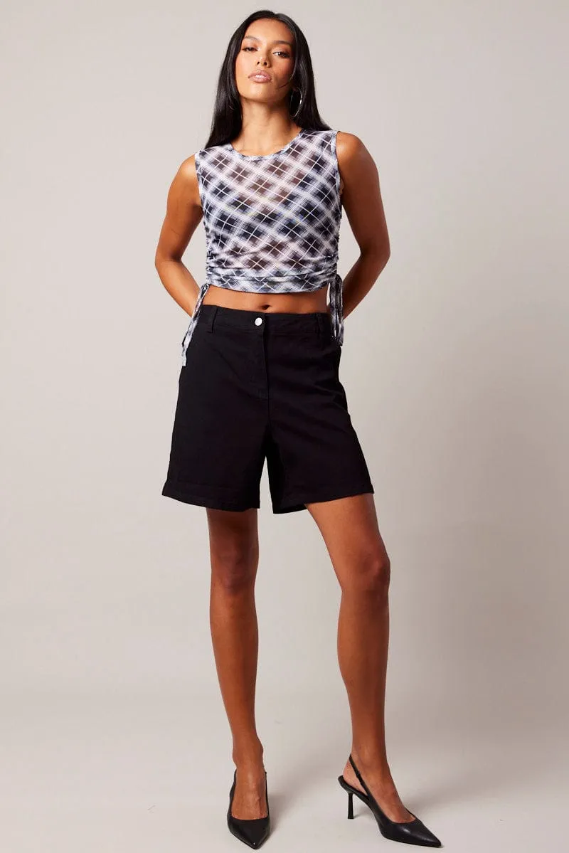 Black Check Side Rushed Top Sleeveless