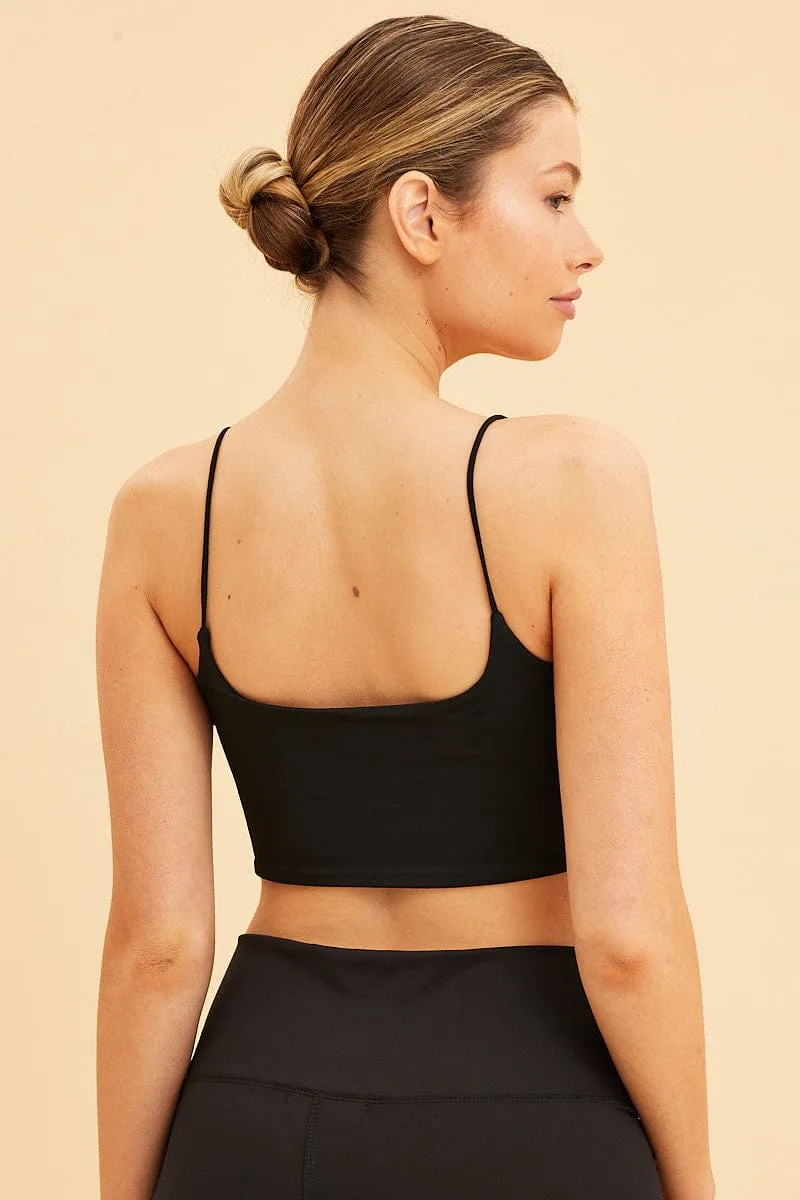 Black Crop Cami Top Scoop Neck Sleeveless Thin Strap