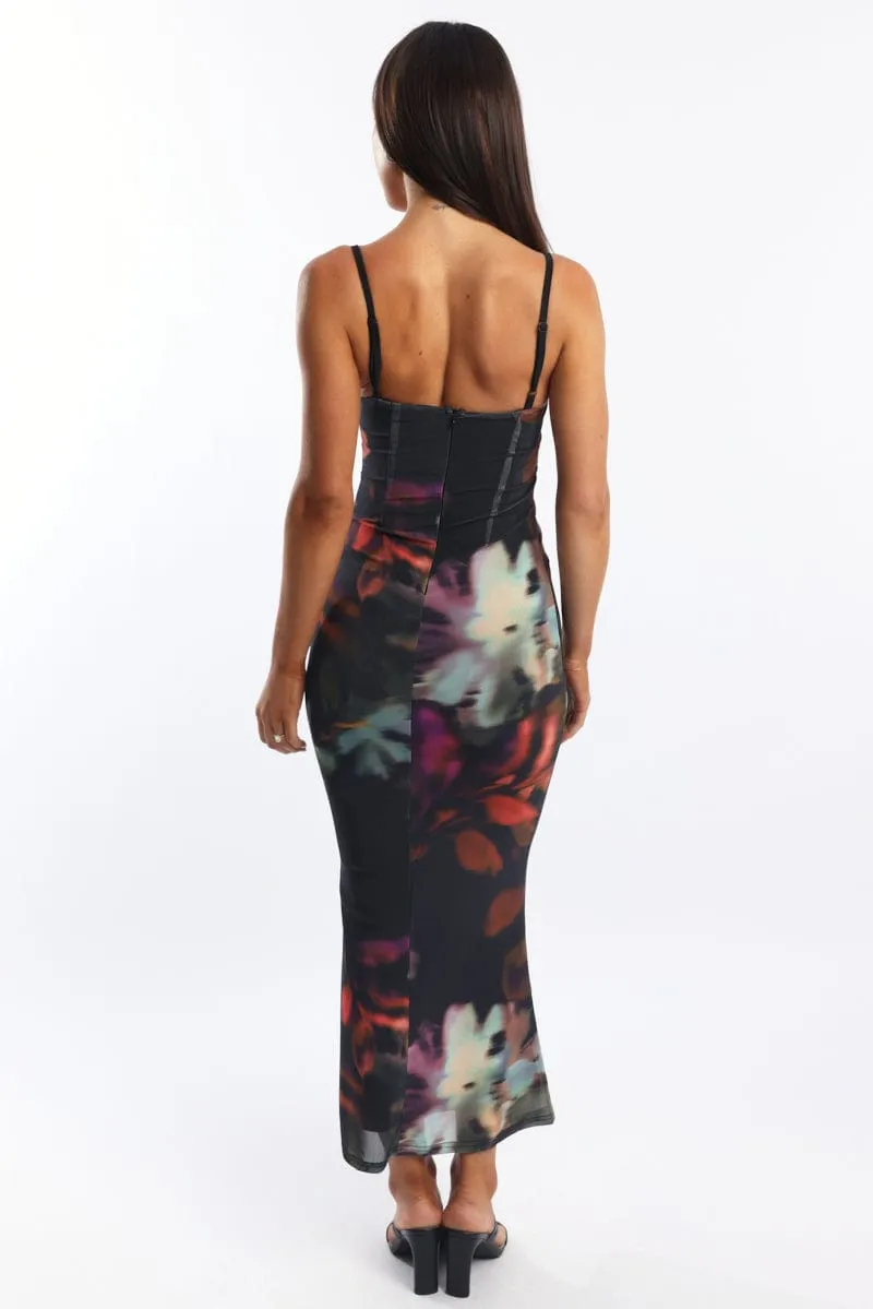 Black Floral Bodycon Dress Singlet Cowl Neck Maxi