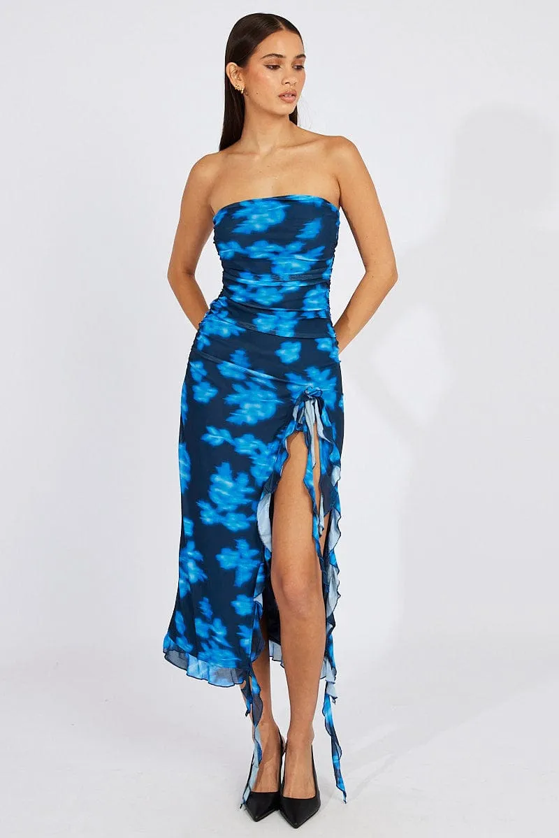 Black Floral Ruffle Dress Strapless Mesh