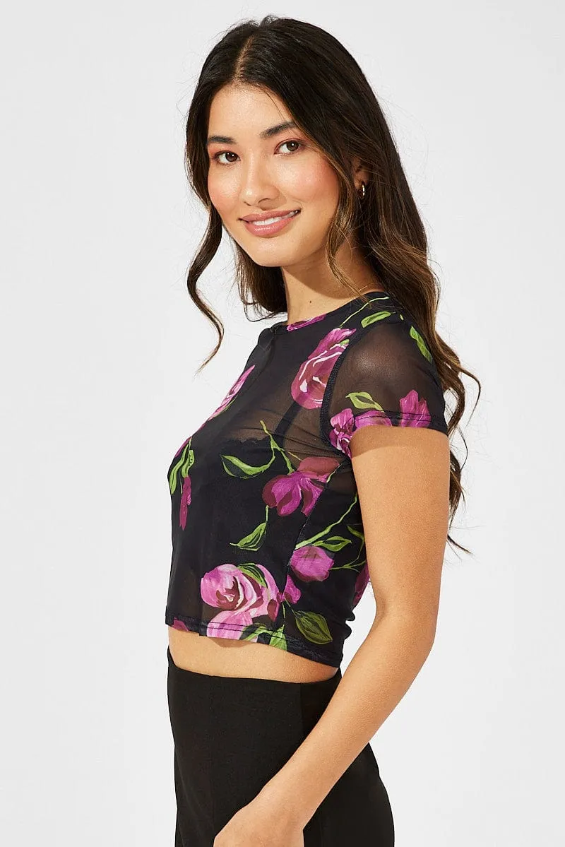 Black Floral Top Crop Short Sleeve