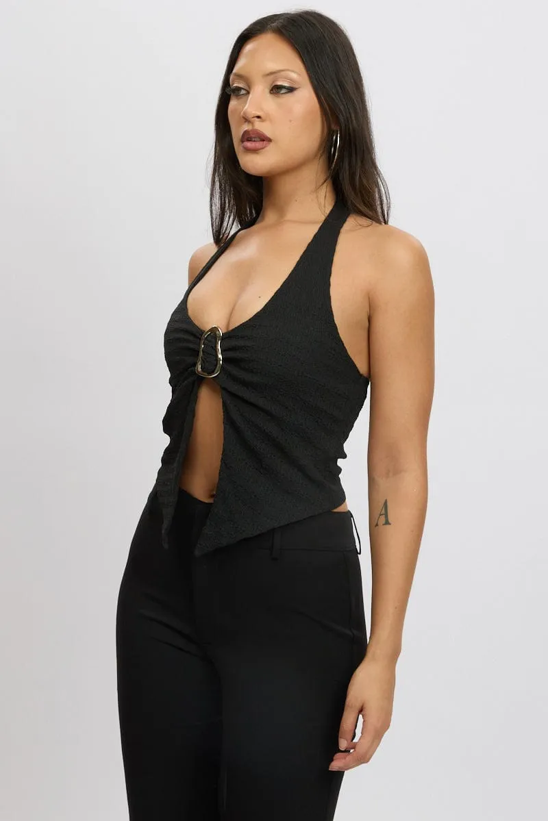 Black Halter Neck Top Metal Buckle