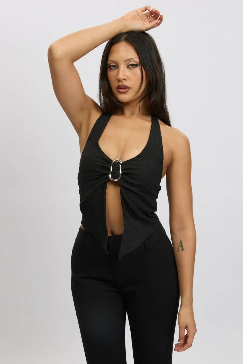 Black Halter Neck Top Metal Buckle