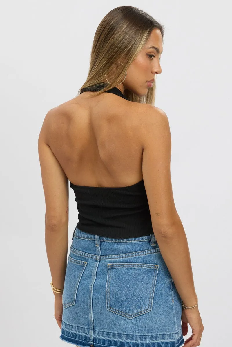 Black Halter Neck Top Rib