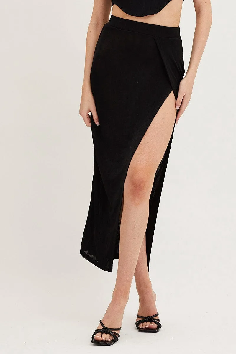 Black Jersey Elastic Waist Front Split Midi Skirt