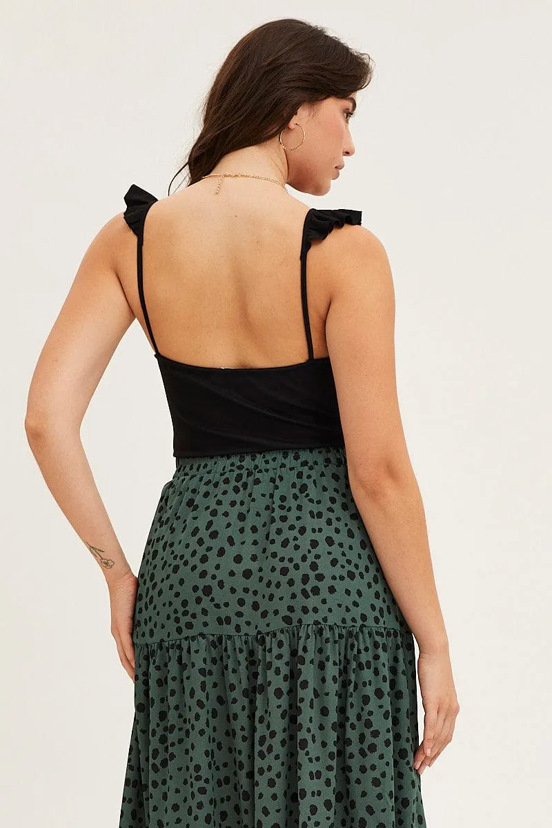 Black Jersey Sleeveless Ruffle Tie Front Bodysuit