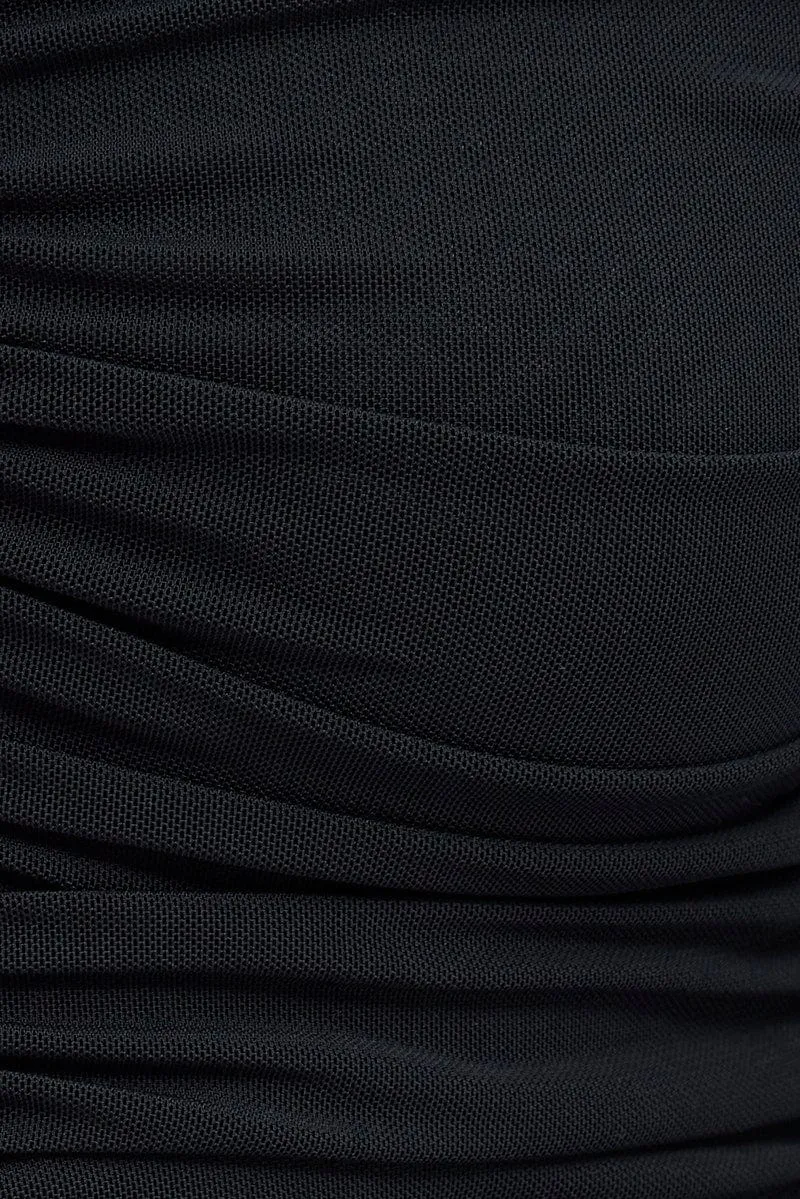 Black Mesh Top Long Sleeve Ruched Hook And Eye
