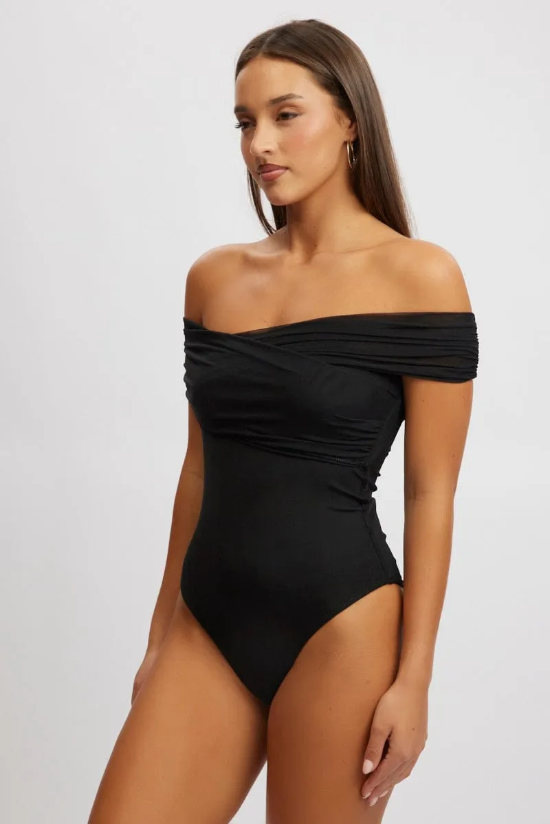 Black Off Shoulder Bodysuit Mesh