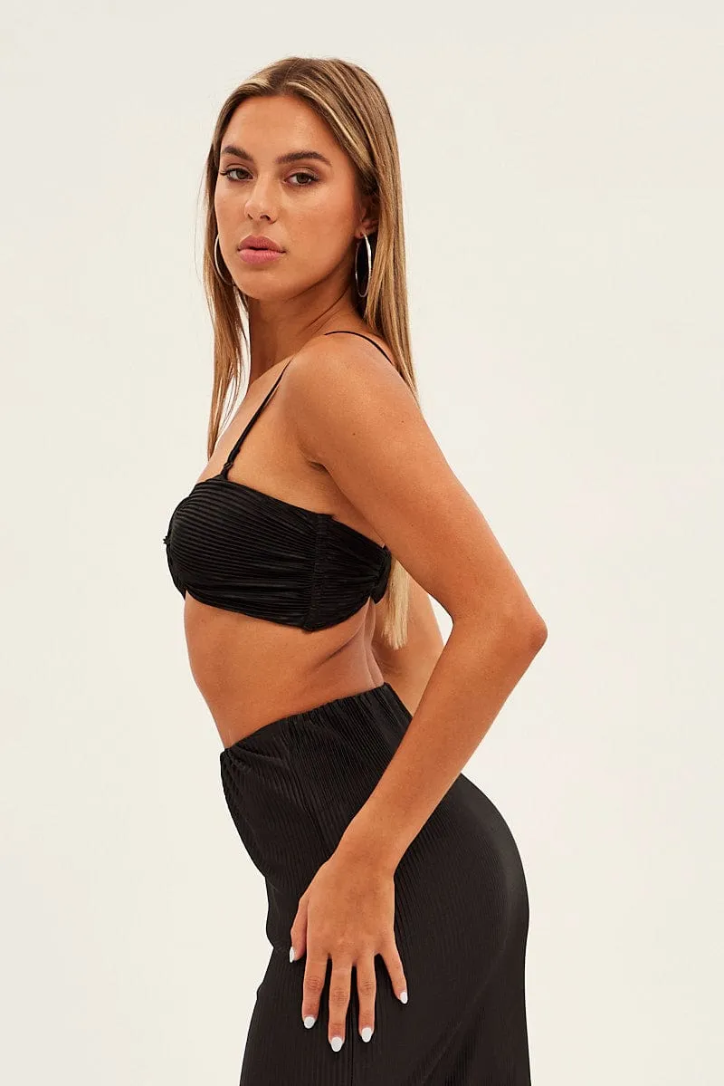 Black Plisse Top Sleeveless Crop Twist Front Bralette