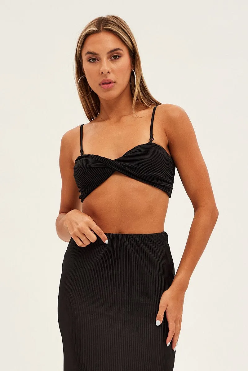 Black Plisse Top Sleeveless Crop Twist Front Bralette