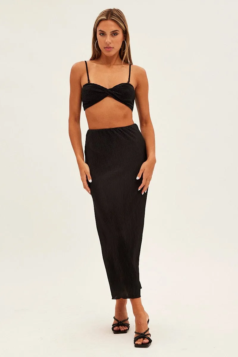 Black Plisse Top Sleeveless Crop Twist Front Bralette