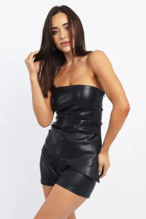 Black PU Bandeau Top Gathered Slight Stretch