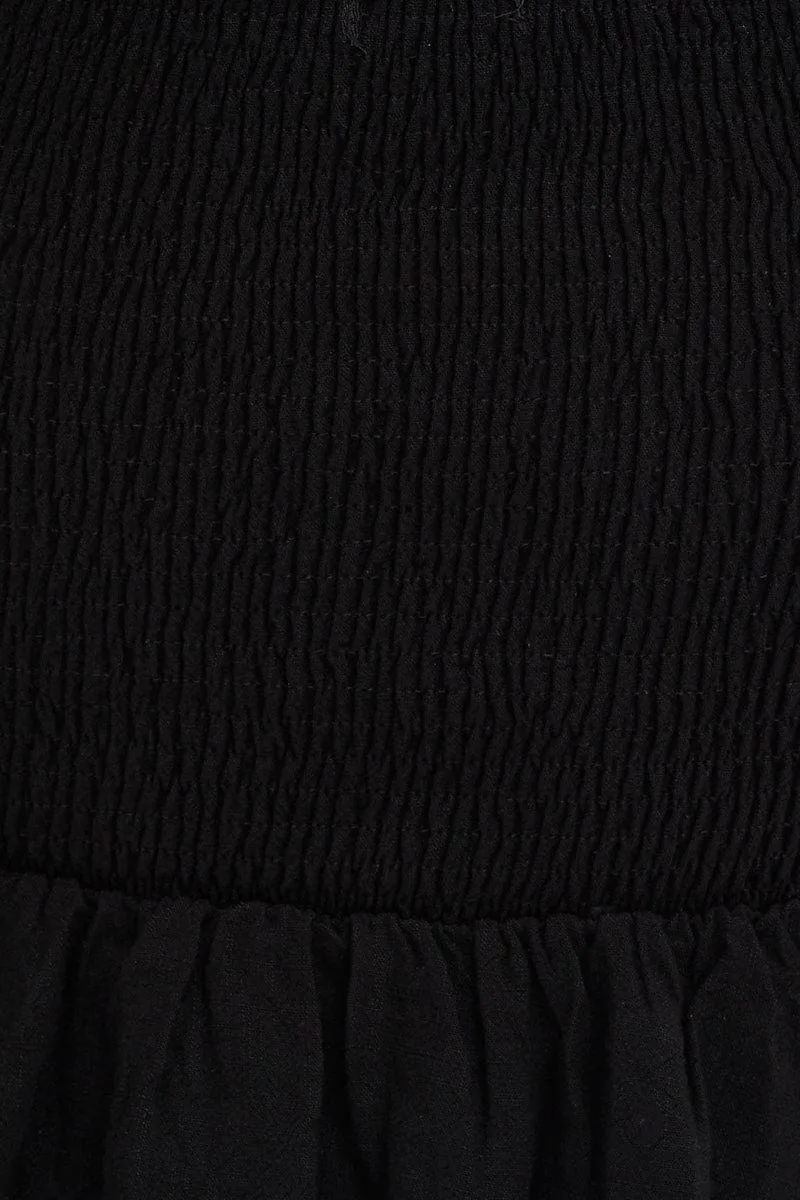 Black Puff Sleeve Shirred Top