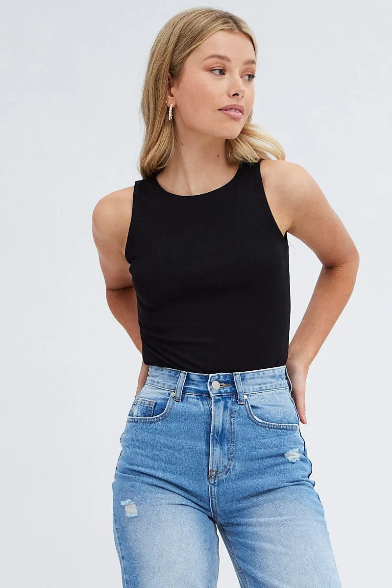 Black Round Neck Sleeveless Bodysuit