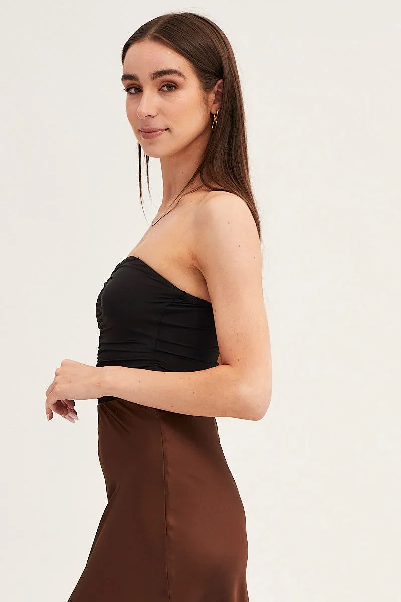 Black Ruched Front Strapless Bodysuit