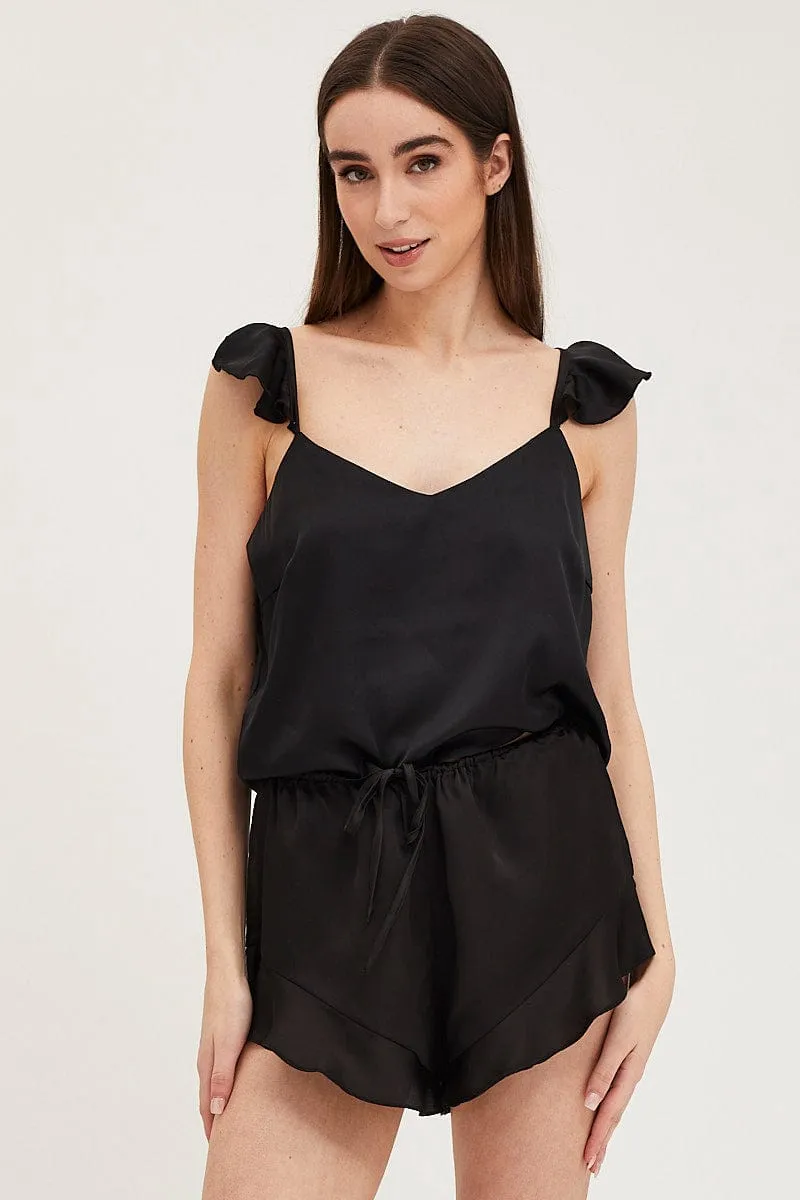 Black Satin Pajamas Set Sleeveless