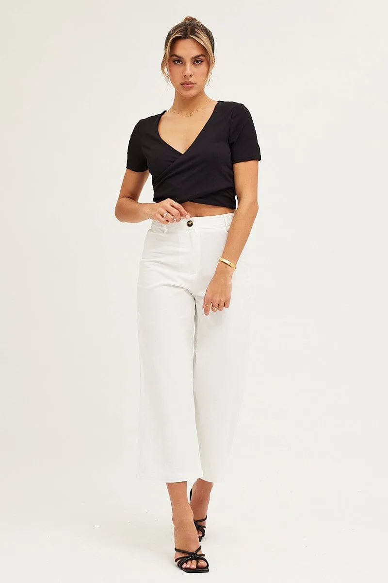 Black Short Sleeve V Neck Rib Jersey Crossover Top