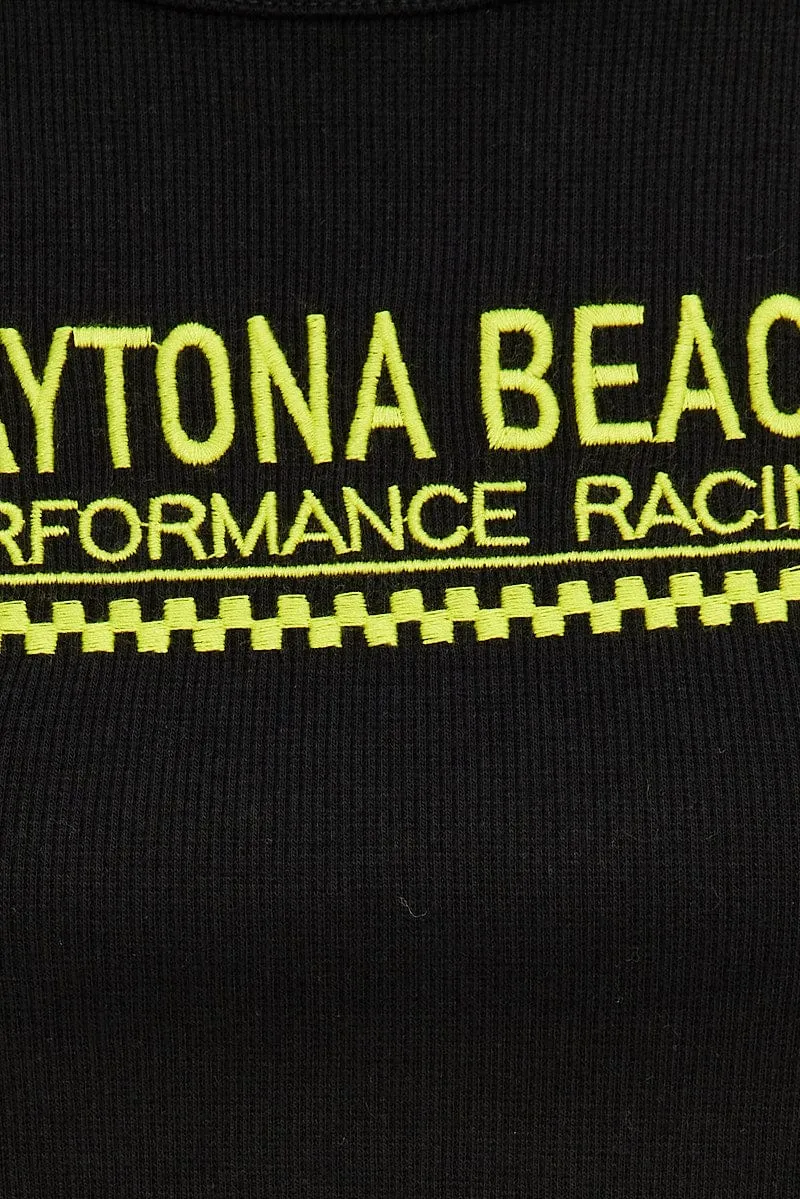 Black Tank Top Side Ties Daytona Beach Embroidery Rib