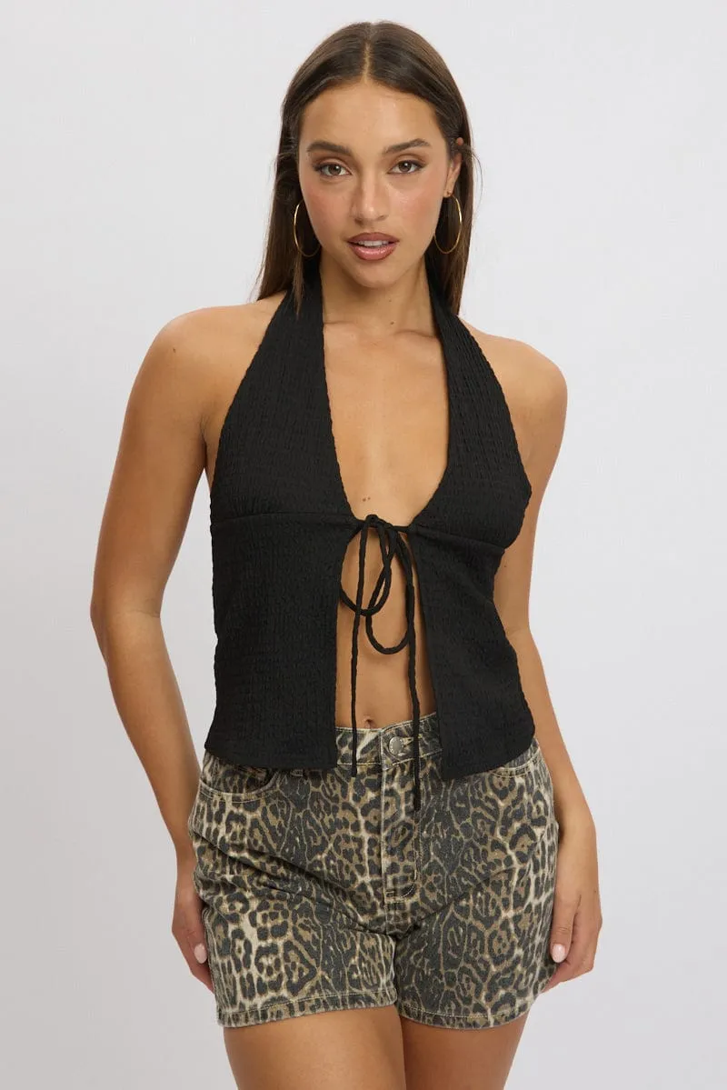 Black Textured Top Halter Neck Tie Up Front
