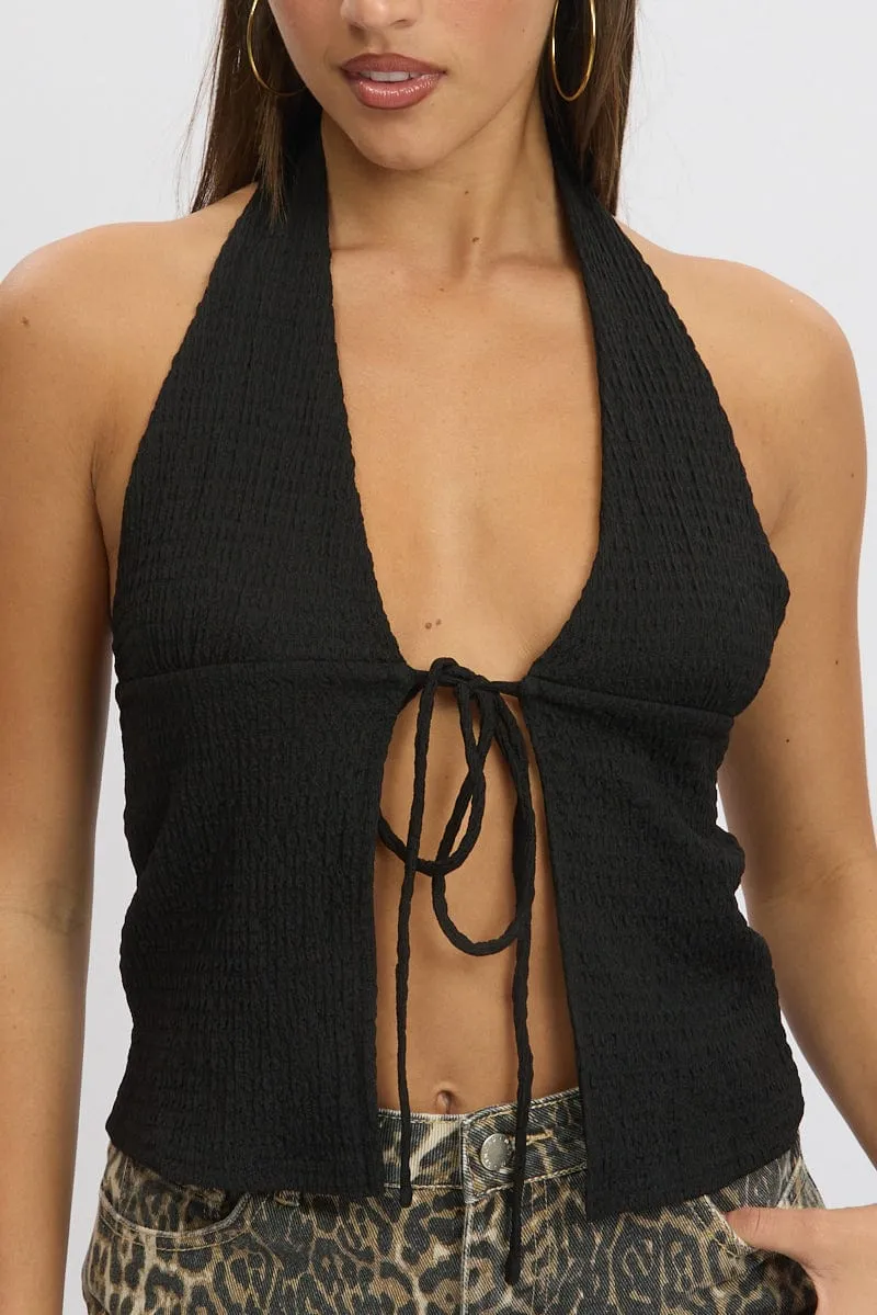 Black Textured Top Halter Neck Tie Up Front