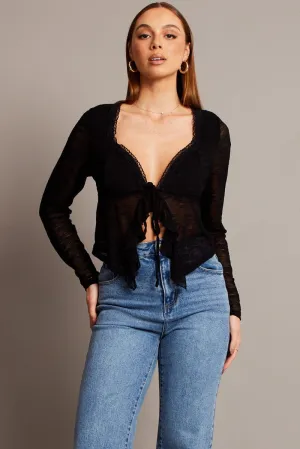 Black Tie Up Front Top Long Sleeve Lace