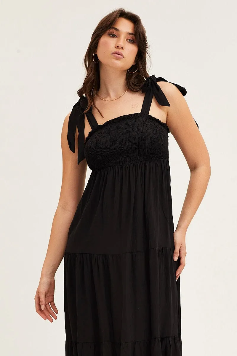 Black Tied Shoulder Tiered Midi Dress