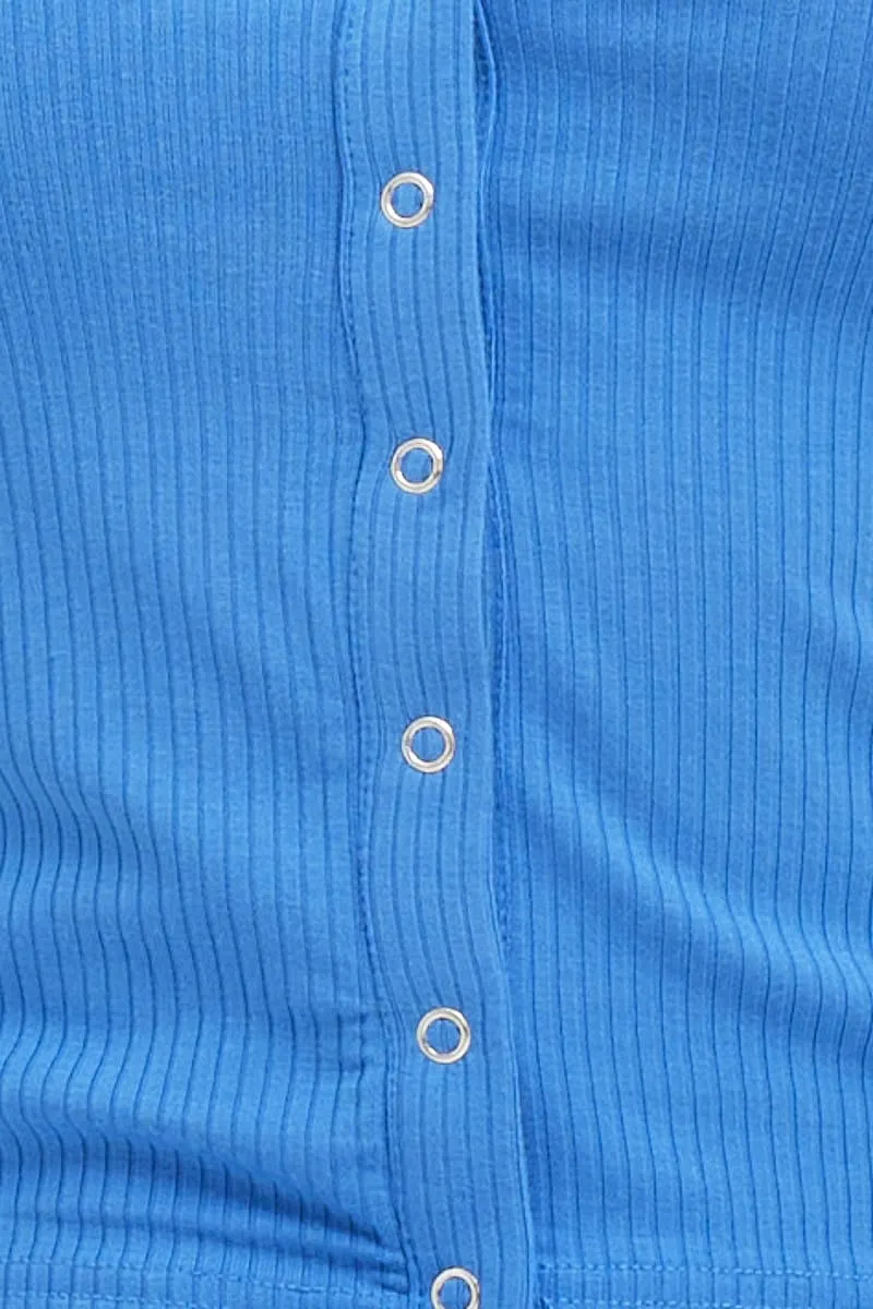 Blue Button Front Top Short Sleeve Ribbed