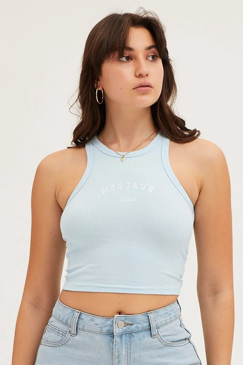 Blue Crop Tank Embroided