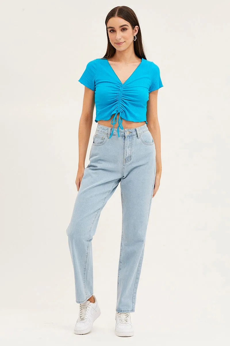 Blue Crop Top Short Sleeve Ribbed