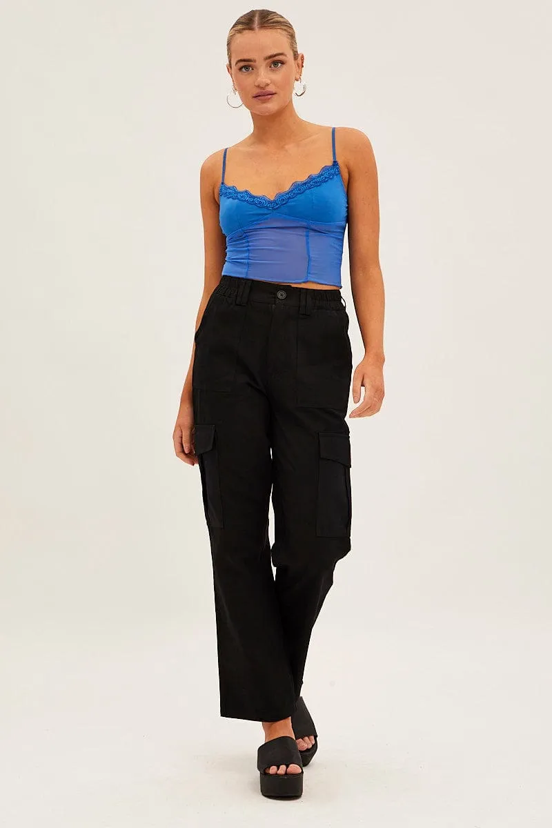 Blue Lace Trim Mesh Cami Top