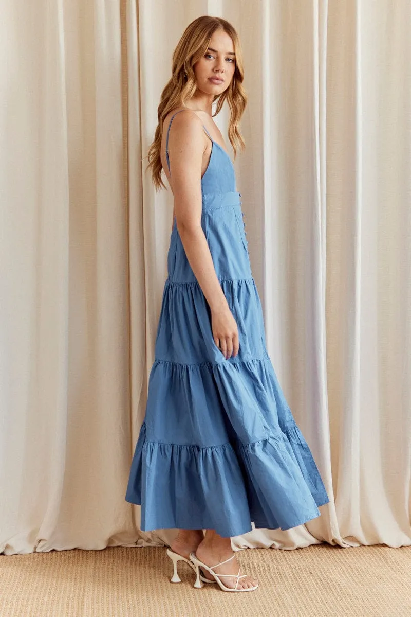 Blue Maxi Dress V-Neck Sleeveless Poplin