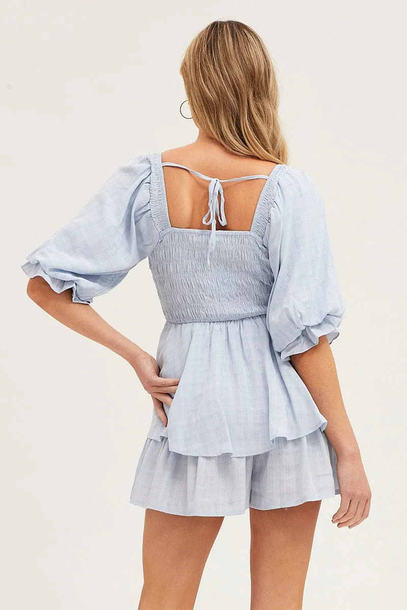 Blue Playsuit Short Sleeve Square Neck