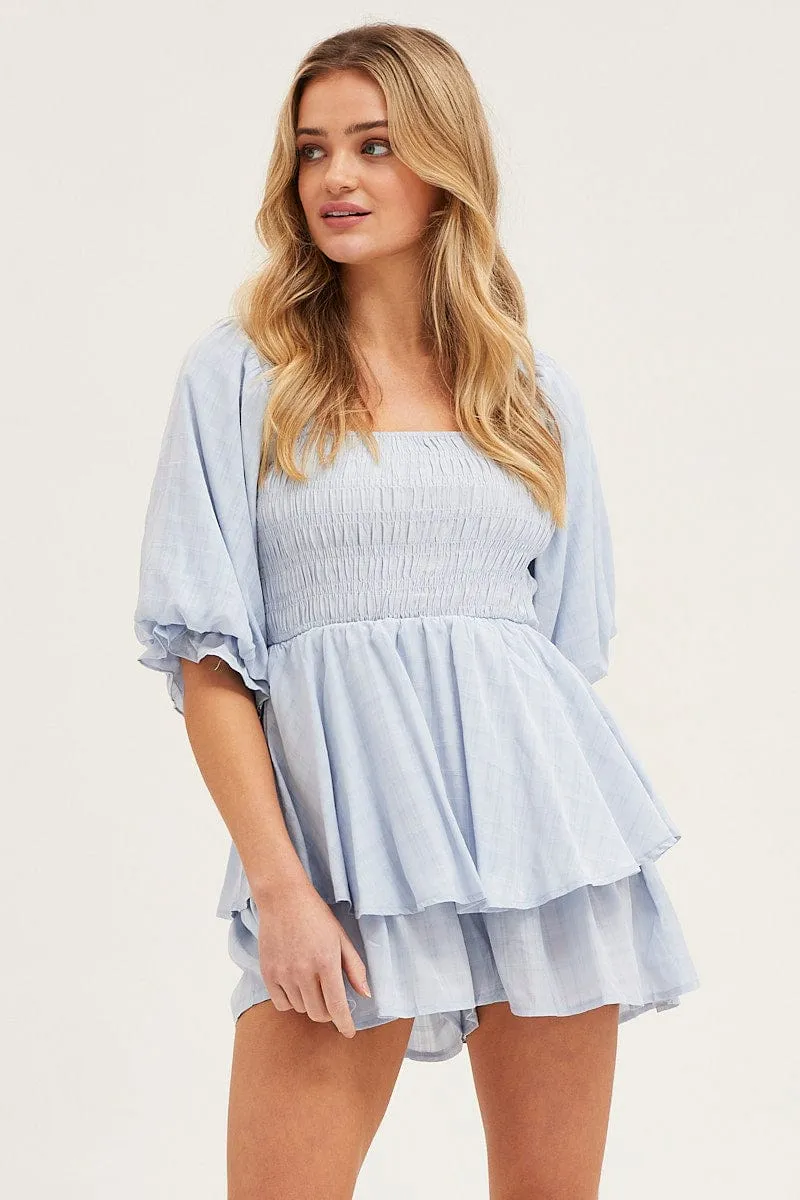 Blue Playsuit Short Sleeve Square Neck