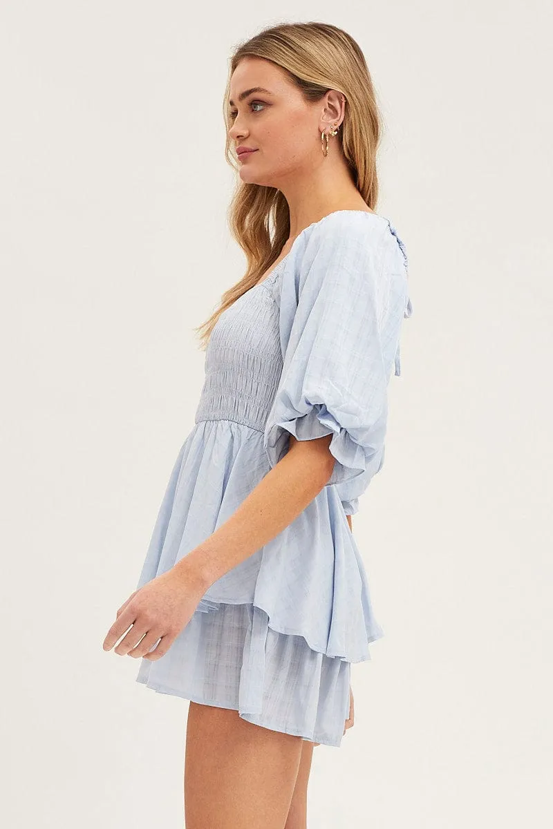 Blue Playsuit Short Sleeve Square Neck