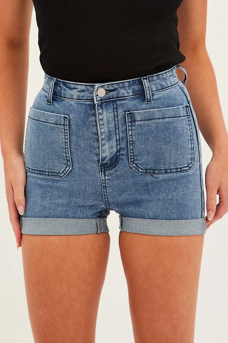 Blue Skinny Denim Shorts High Waist Out Pocket