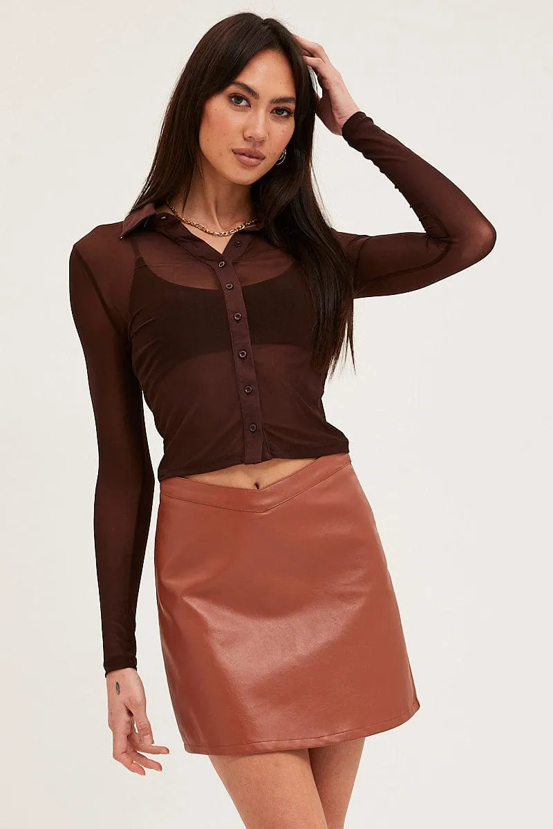 Brown Button Front Top Long Sleeve Mesh