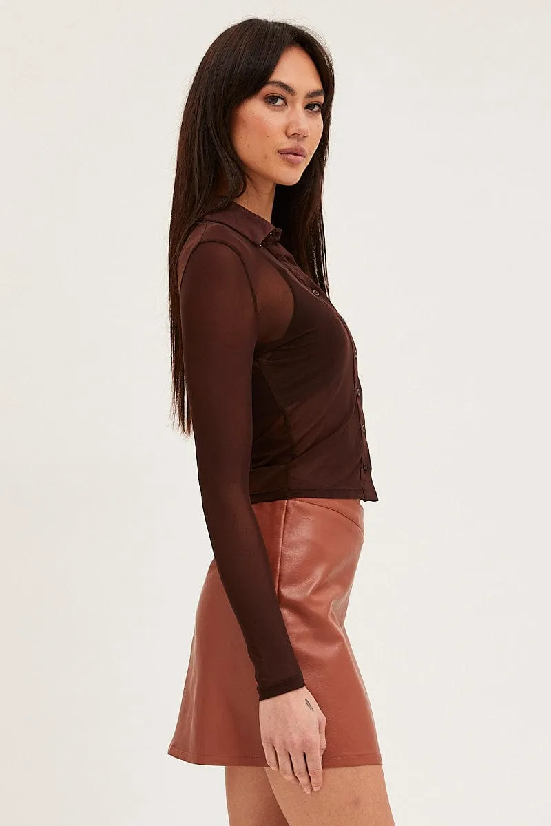 Brown Button Front Top Long Sleeve Mesh